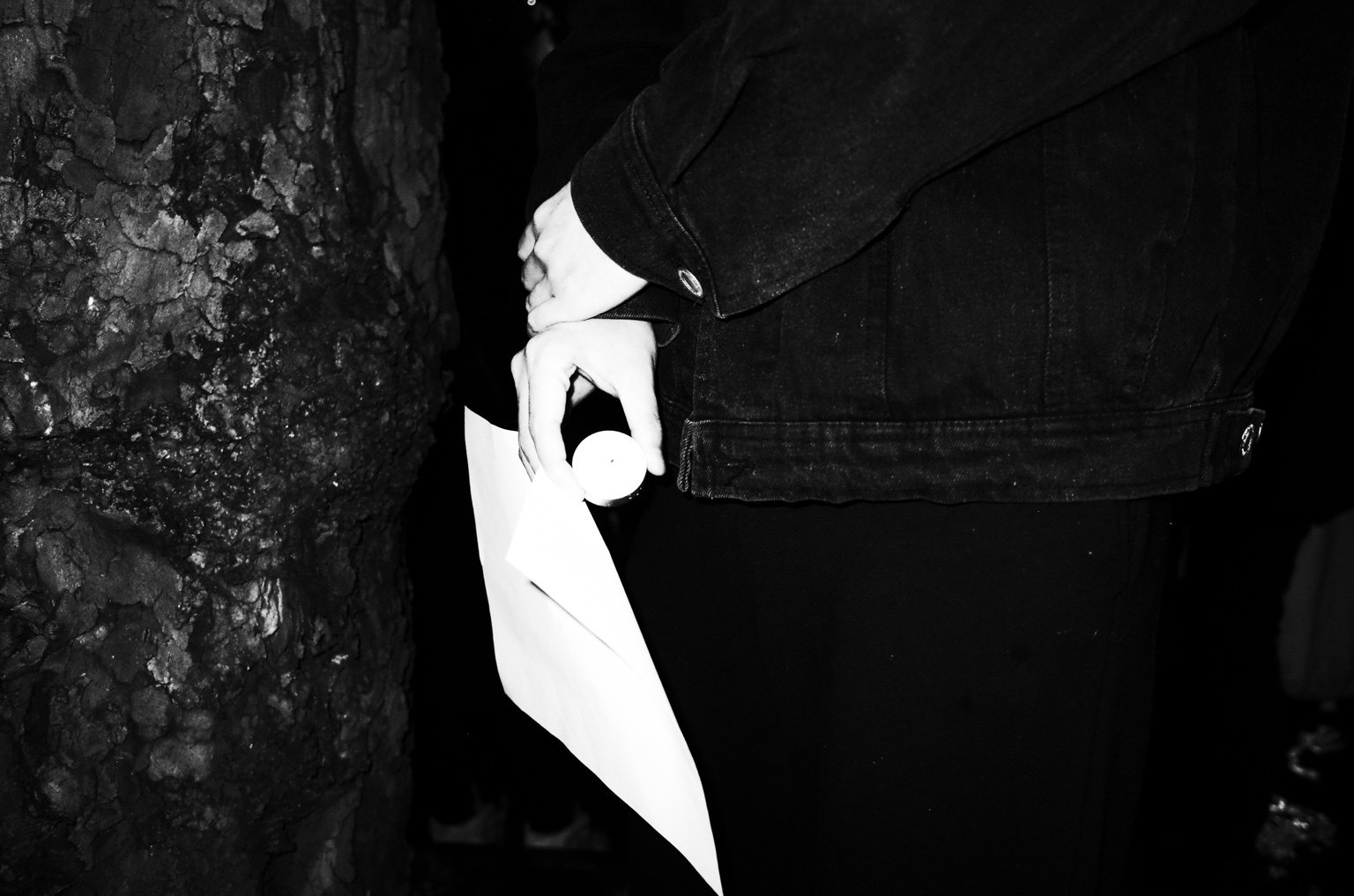 Hands holding a candle and paper beside a tree, London, 27 November 2022